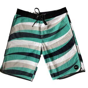 O'Neill Swim Trunks Adult 30 Green Black Striped Mens Bathing Suit Board Shorts